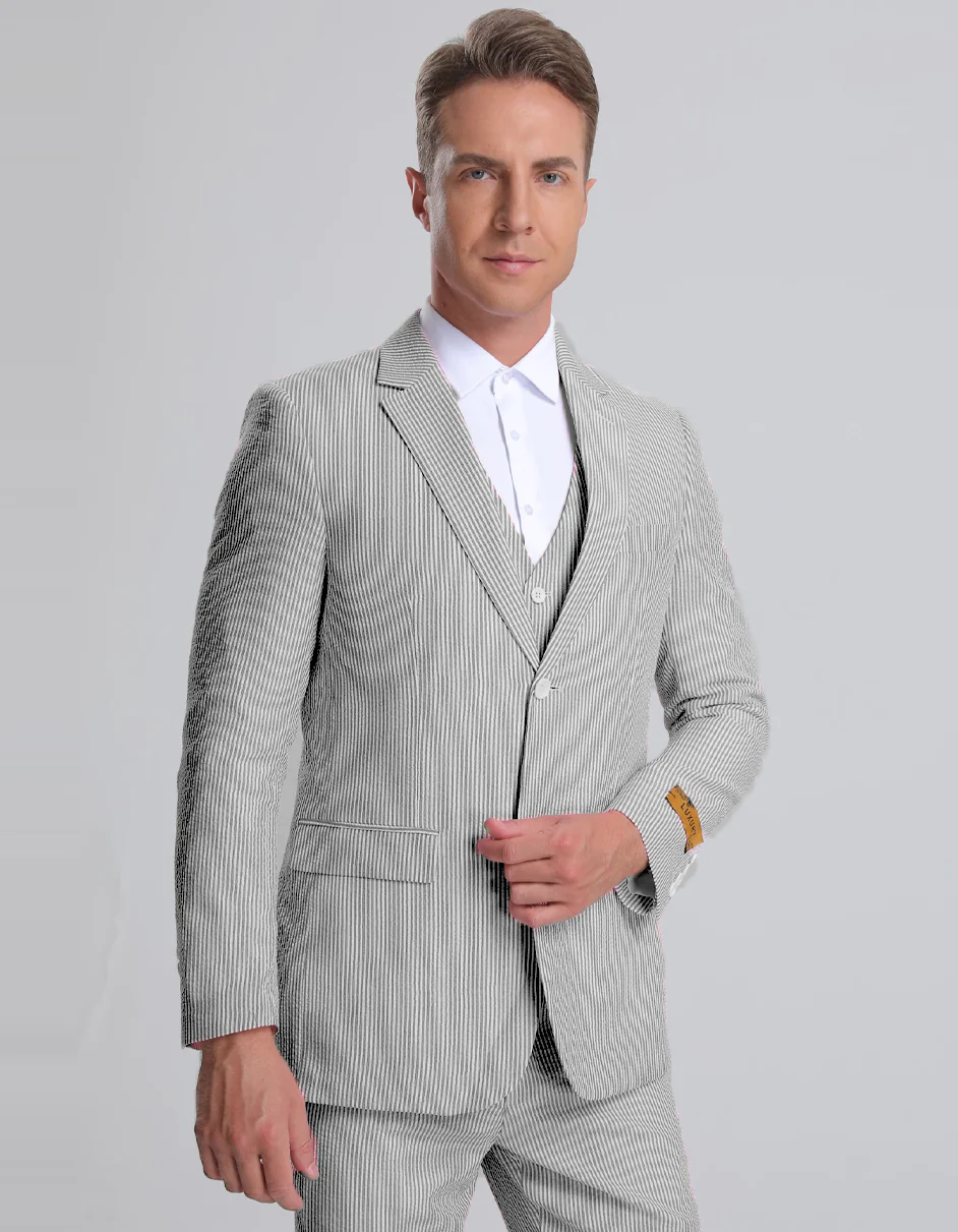 Best  Mens Vested Summer Seersucker Suit in Black Pinstripe  - For Men  Fashion Perfect For Wedding or Prom or Business  or Church