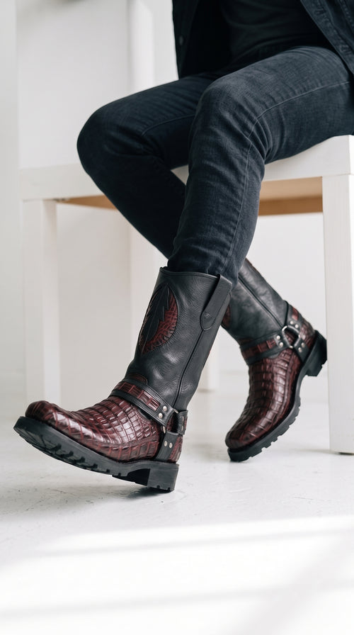 Men’s Los Altos Black and Burgundy Caiman Tail Skin Biker Boots, Exotic Western Motorcycle Boots