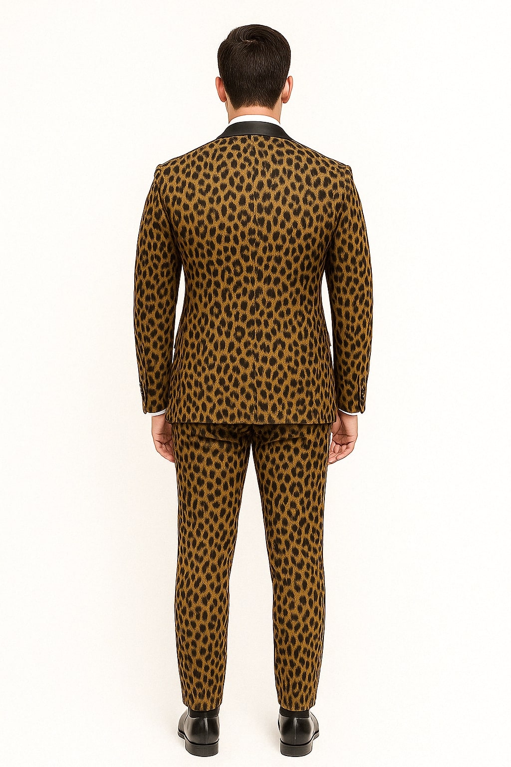 Mens Leopard Print Tuxedo with Black Satin Lapel and Bow Tie – Bold Animal Print Formal Suit - 34 Short or Extra Small