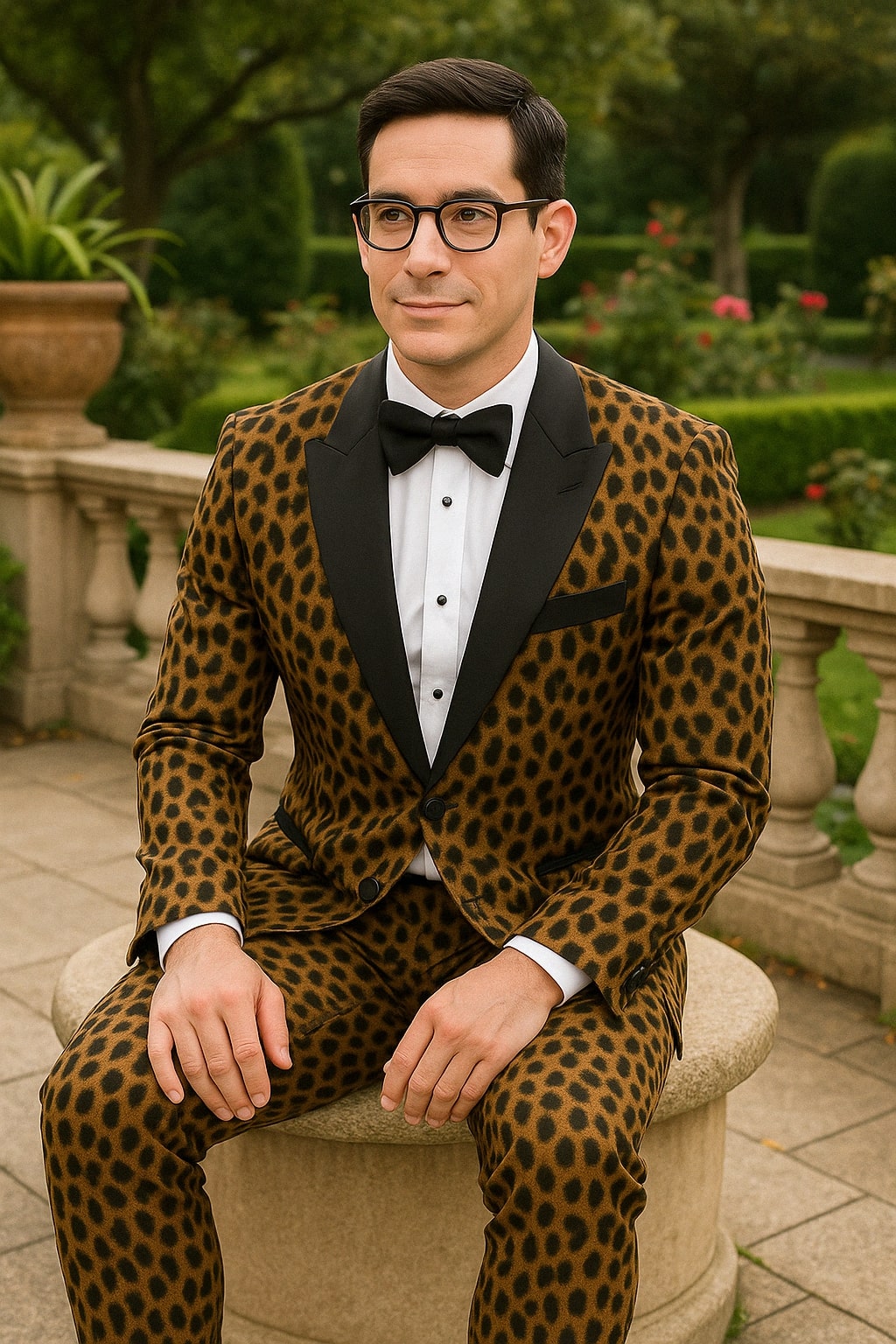 Mens Leopard Print Tuxedo with Black Satin Lapel and Bow Tie – Bold Animal Print Formal Suit - 34 Short or Extra Small