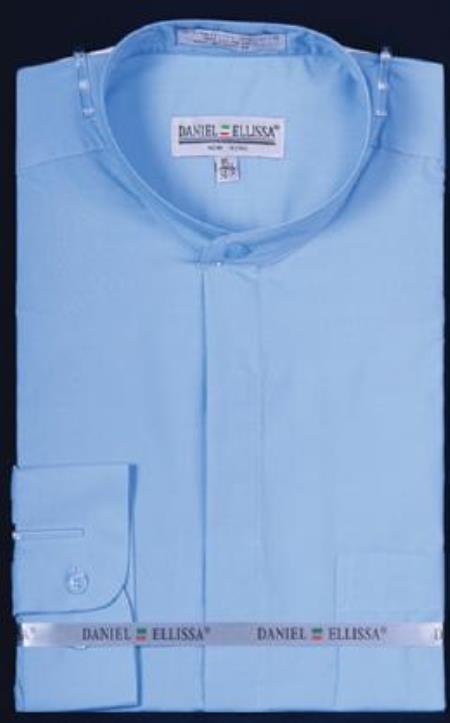 Banded Collar Dress Fashion Collarless Button Cuff Light Blue Men's Dress Shirt