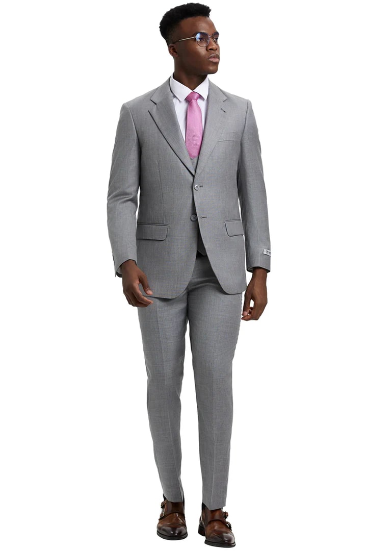 Cheap Priced Suit- Men's Two Button Vested Stacy Adams Designer Sharkskin Light Grey Suit - 38 Short Jacket+32 Waist Adjustable 28to34)(Height: 5 4 to5 7 )(Neck  15-16.5)S-M)