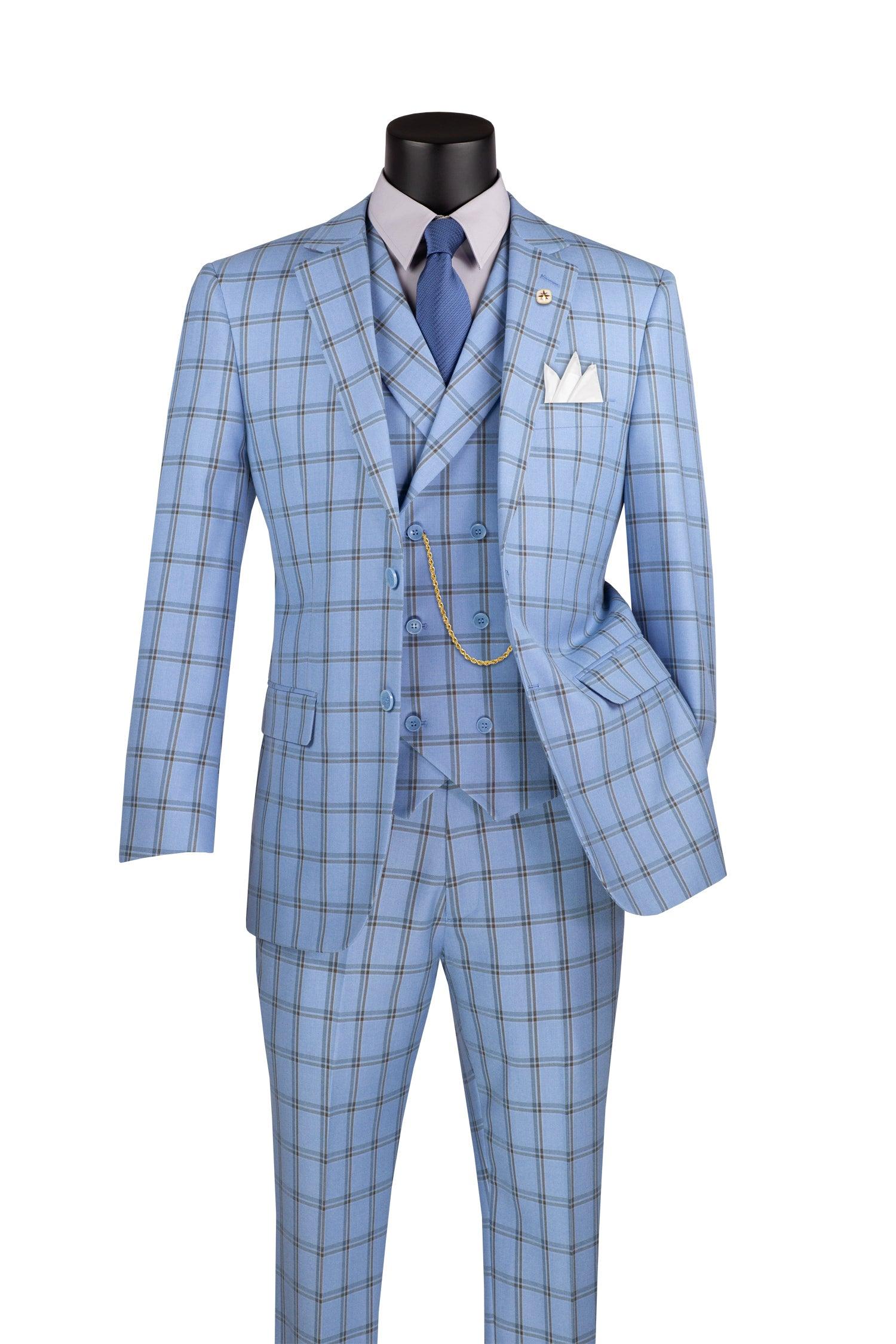 La Scale Collection-Windowpane Three Piece Suit - Light Blue - 36 Short - 30 Waist