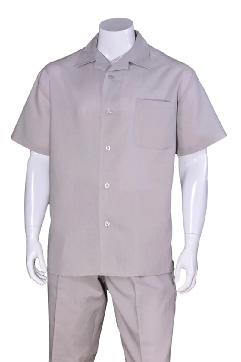 Mens Short Sleeve 100% Linen Casual Leisure Set Walking Suit in Light Grey - S