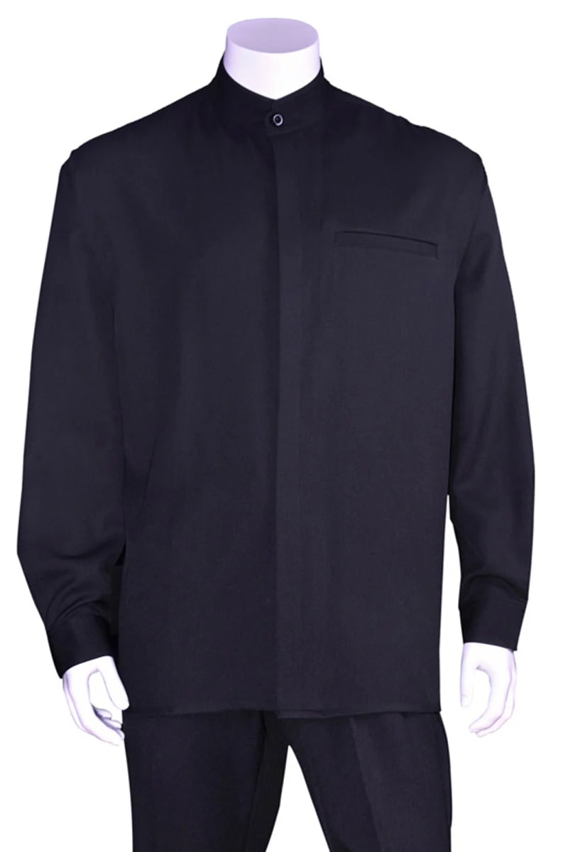 Mens Long Sleeve Mandarin Collar Casual Leisure Set in Navy - 38 Short Jacket+32 Waist Adjustable 28to34)(Height: 5 4 to5 7 )(Neck 15-16.5)S-M)