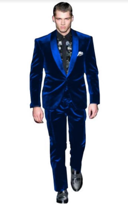 Men's High Fashion Light Royal Blue Shawl Lapel Velvet Smoking Suit + Pants 38 Short Jacket+32 Waist Adjustable 28to34)(Height: 5 4 to5 7 )(Neck 15-