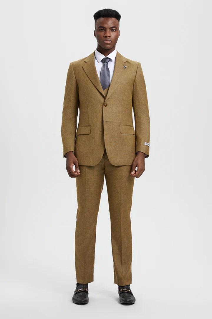 Cheap Priced Suit - Men's Two Button Vested Stacy Adams Designer Sharkskin Light Mustard Suit - 38 Short Jacket+32 Waist Adjustable 28to34)(Height: 5 4 to5 7 )(Neck  15-16.5)S-M)