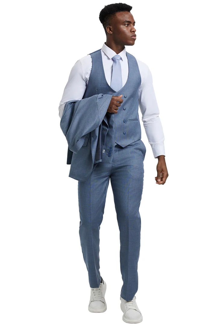 Cheap Priced Suit - Men's Two Button Vested Stacy Adams Designer Sharkskin Steel Light Blue Suit - 38 Short Jacket+32 Waist Adjustable 28to34)(Height: 5 4 to5 7 )(Neck  15-16.5)S-M)