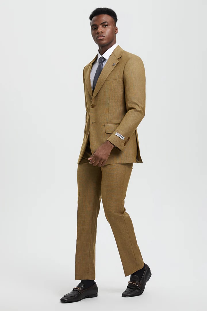Cheap Priced Suit - Men's Two Button Vested Stacy Adams Designer Sharkskin Light Mustard Suit - 38 Short Jacket+32 Waist Adjustable 28to34)(Height: 5 4 to5 7 )(Neck  15-16.5)S-M)