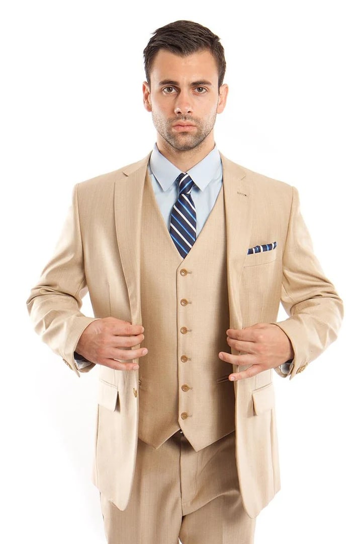 Three Button Suit - Classic Fit Pleated Pants - Mens 3 Button Vested Textured Shiny Sharkskin  Tan Church Suit