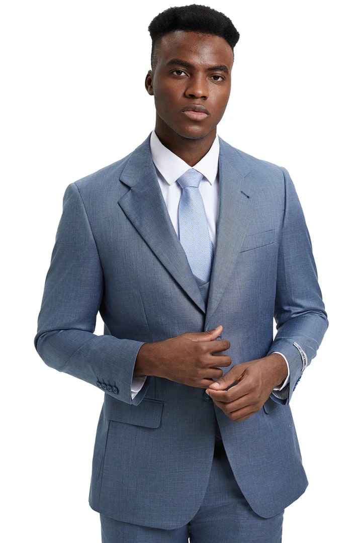 Cheap Priced Suit - Men's Two Button Vested Stacy Adams Designer Sharkskin Steel Light Blue Suit - 38 Short Jacket+32 Waist Adjustable 28to34)(Height: 5 4 to5 7 )(Neck  15-16.5)S-M)