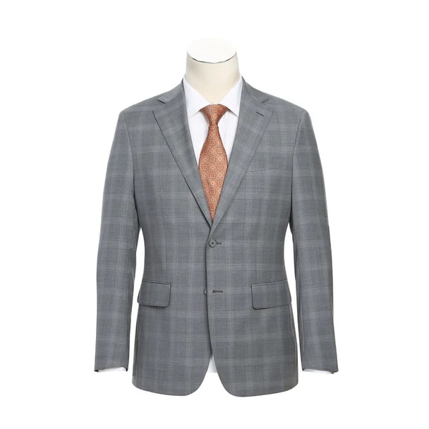 Designer Brand - Wool Stretch Single Breasted Slim Fit Light Grey Windowpane Suit - Coat Size 38