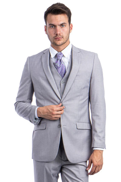 Cheap Priced Suit - Men's Two Button Basic Hybrid Fit Vested Light Grey Suit