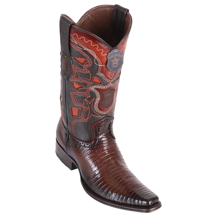 Los Altos Boots - Mens Dress Cowboy Boot - Low Priced Lizard Teju European Toe Boots - Faded Brown- in Brown - 6