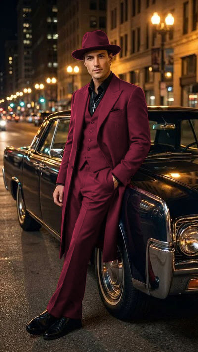 Mens 1920s Burgundy Zoot Suit Long Mafia Gangster Three-Piece Vintage Outfit Zuit Pachuco Style