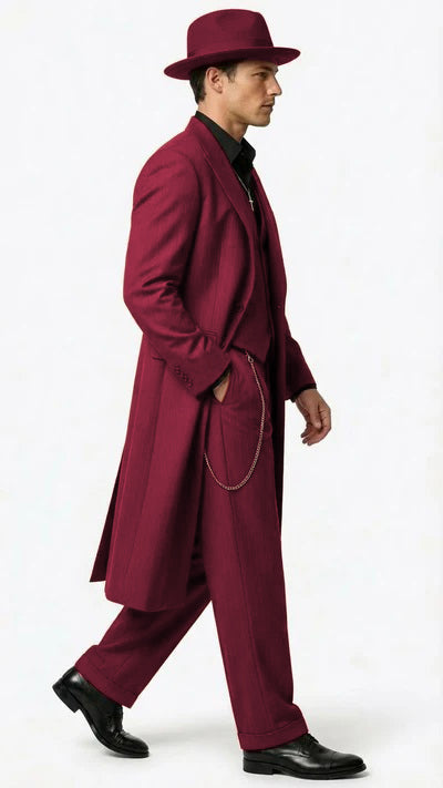 Mens 1920s Burgundy Zoot Suit Long Mafia Gangster Three-Piece Vintage Outfit Zuit Pachuco Style
