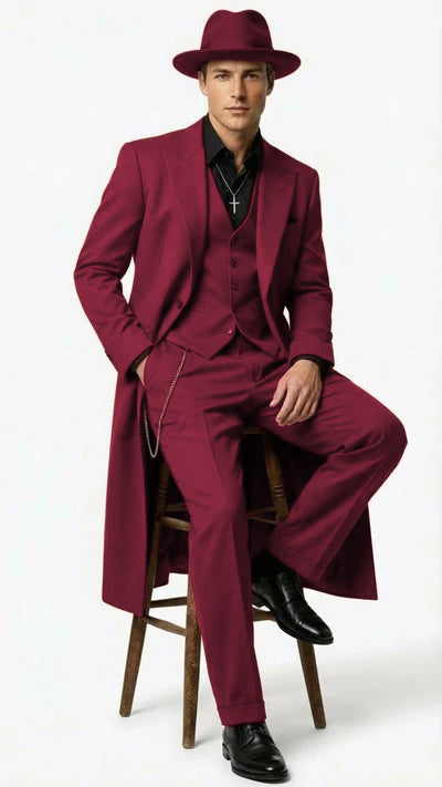 Mens 1920s Burgundy Zoot Suit Long Mafia Gangster Three-Piece Vintage Outfit Zuit Pachuco Style