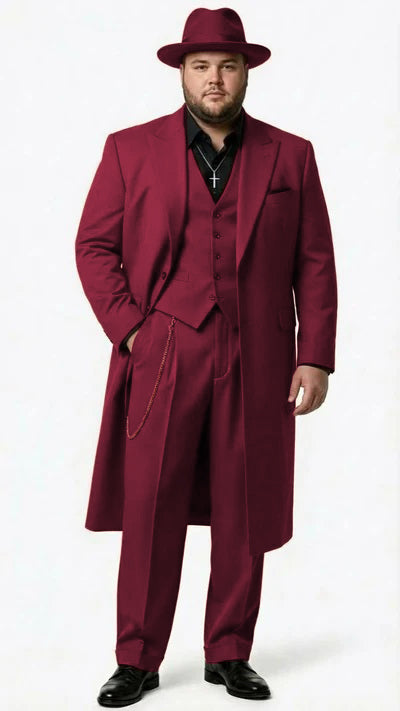 Mens 1920s Burgundy Zoot Suit Long Mafia Gangster Three-Piece Vintage Outfit Zuit Pachuco Style