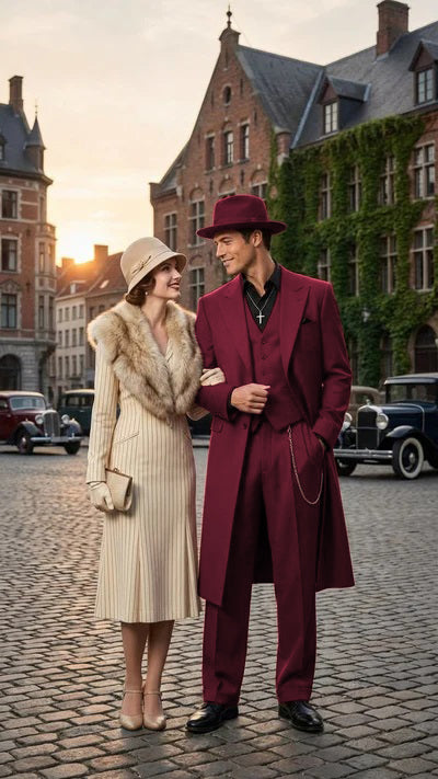 Mens 1920s Burgundy Zoot Suit Long Mafia Gangster Three-Piece Vintage Outfit Zuit Pachuco Style