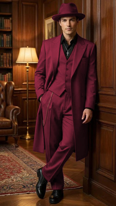 Mens 1920s Burgundy Zoot Suit Long Mafia Gangster Three-Piece Vintage Outfit Zuit Pachuco Style