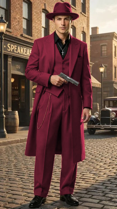 Mens 1920s Burgundy Zoot Suit Long Mafia Gangster Three-Piece Vintage Outfit Zuit Pachuco Style