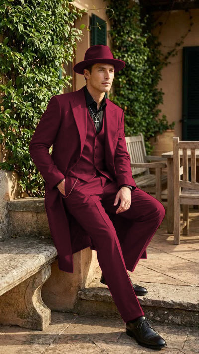 Mens 1920s Burgundy Zoot Suit Long Mafia Gangster Three-Piece Vintage Outfit Zuit Pachuco Style