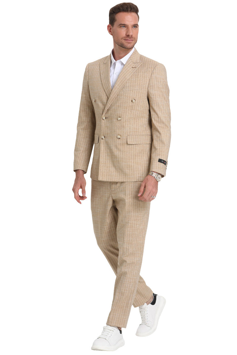 "Men's Slim Fit Double Breasted Pinstripe Summer Suit - Khaki" - 34 Short