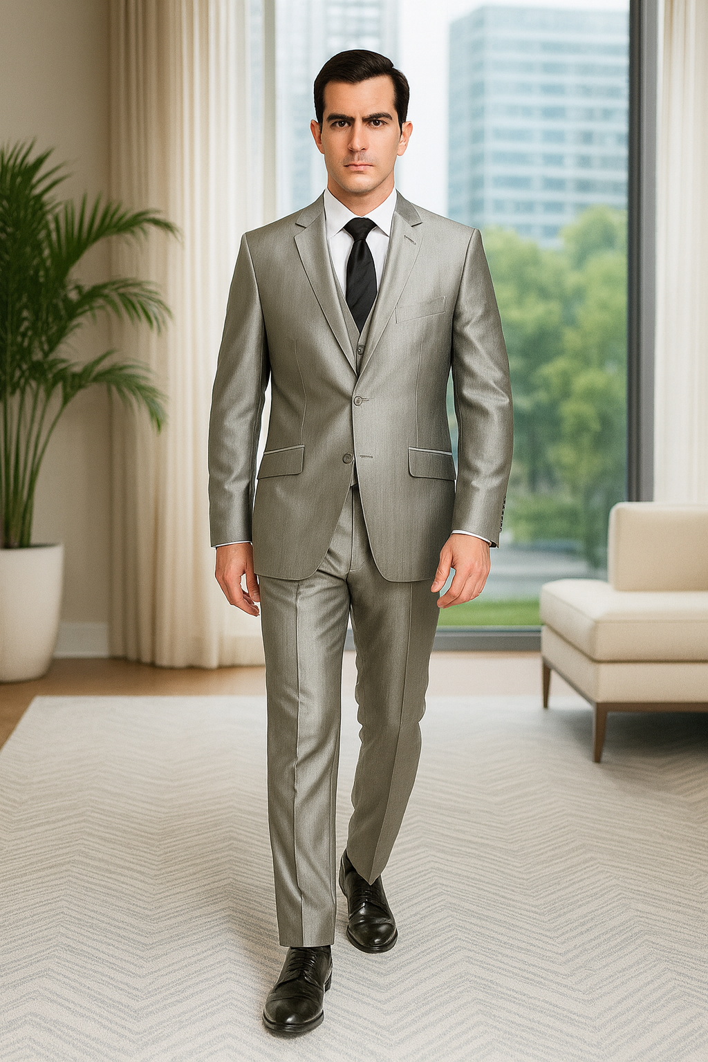 Sateen Metallic Shiny Men's 2 Button Silver Slim Fit Shark Skin Suit Tuxedo looking Men's Sharkskin Suit - Coat Size 38