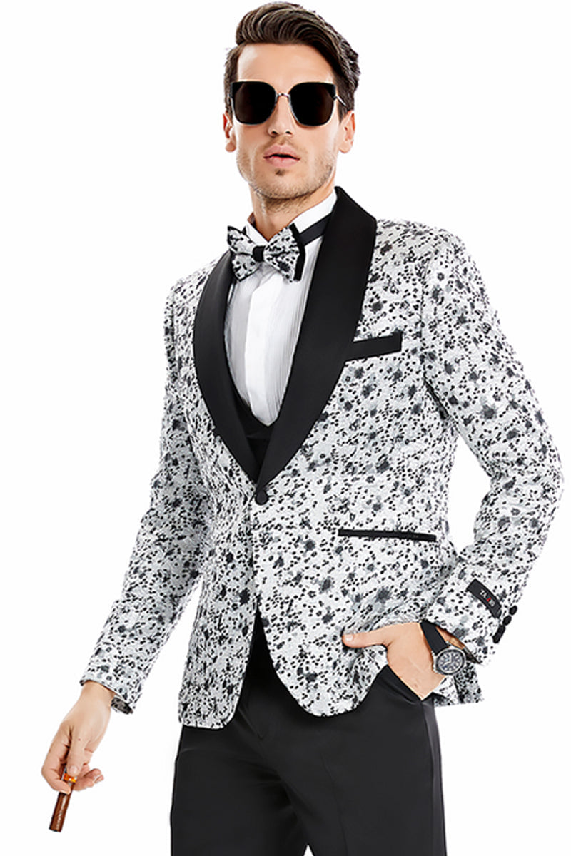 "Vintage Splatter Print Prom 2026 Tuxedo - Men's One Button Vested Shawl Lapel in Silver Grey"