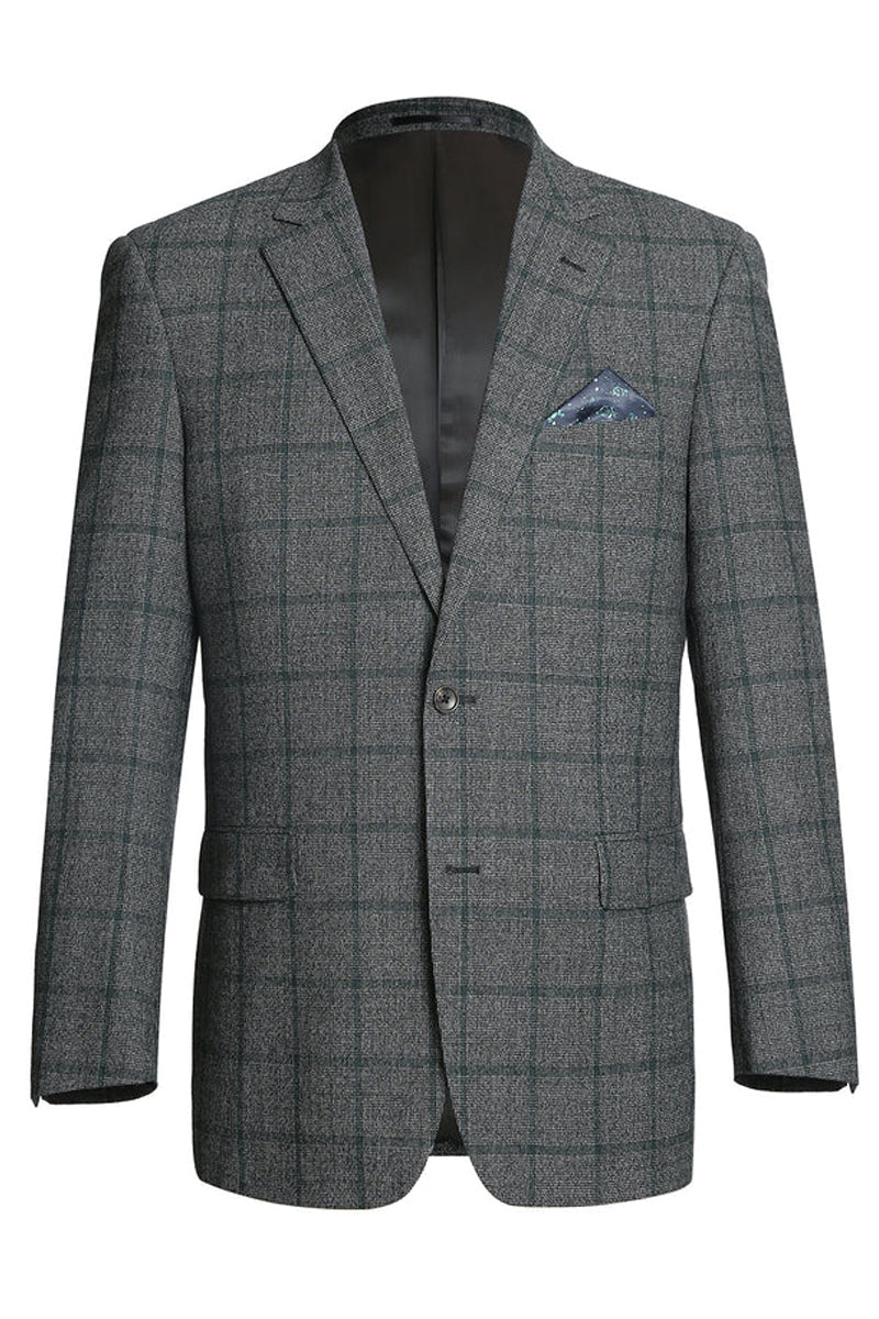 "Classic Fit Wool Sport Coat Blazer for Men - Two Button, Brown & Olive Green Windowpane Plaid" - 34 Short