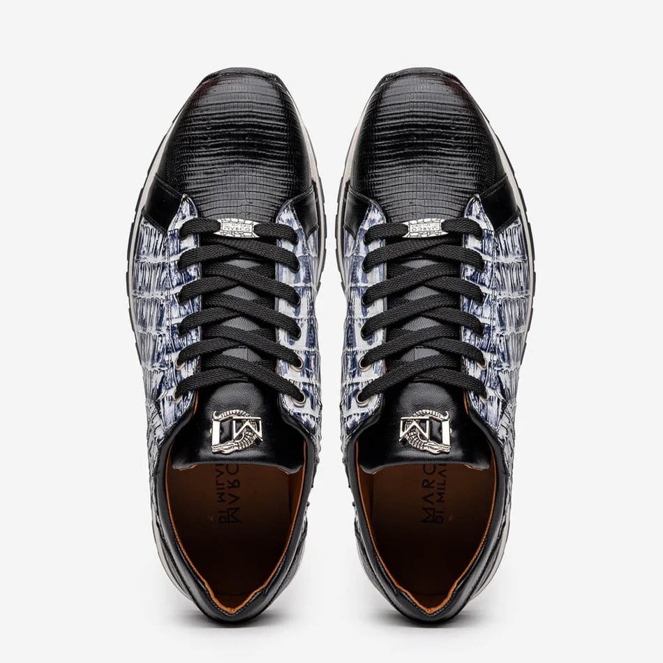 Marco Di Milano Portici Men's Shoes Newspaper & Black Exotic Lizard / Crocodile Casual Sneakers - 8.5