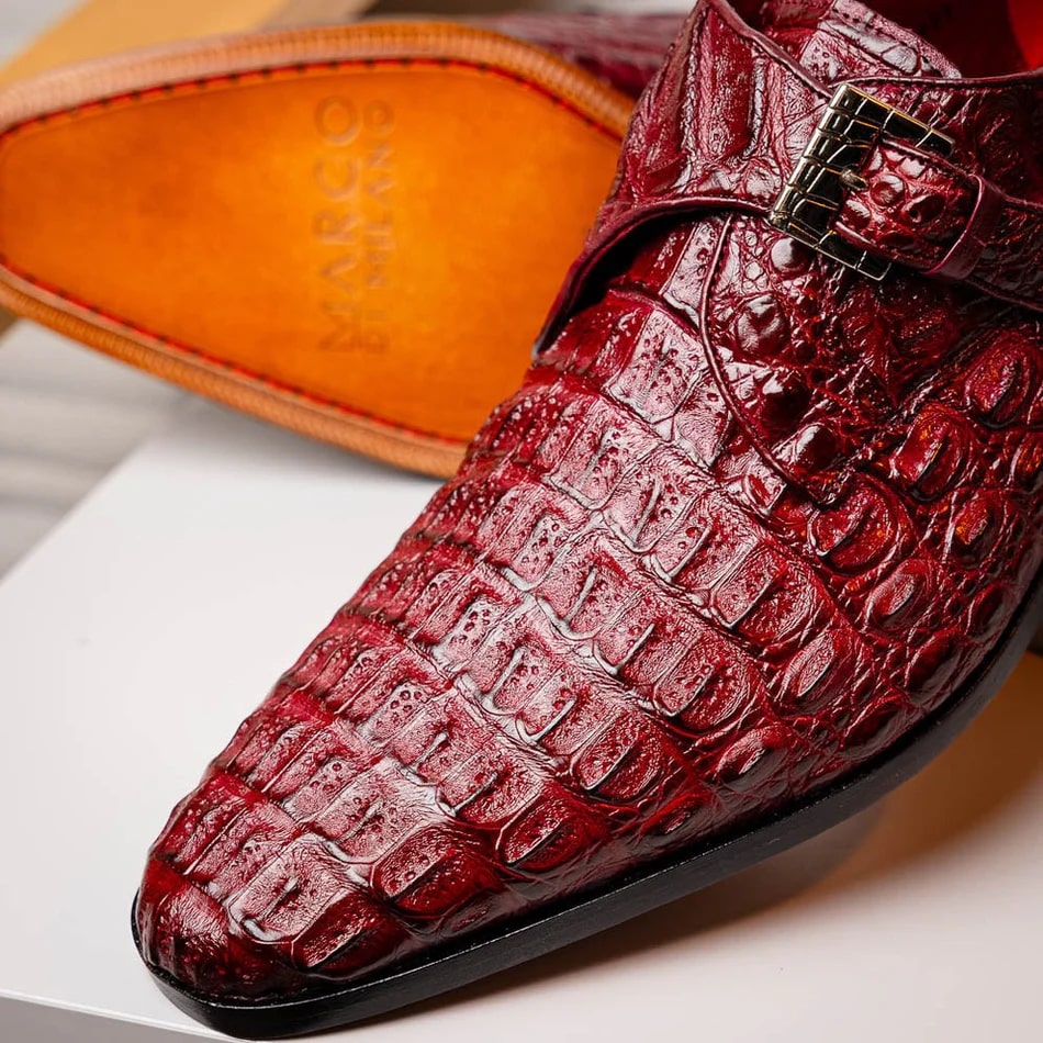 Marco Di Milano Rovigo Men's Shoes Wine Exotic Crocodile Skin Single Monk-strap Loafers - 6