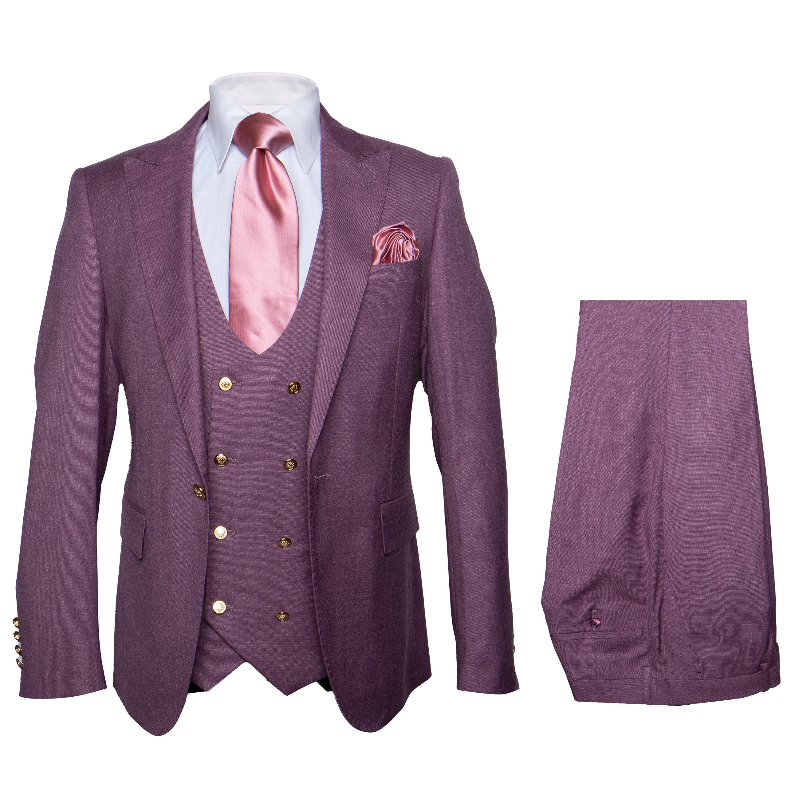 Rossi Man MAX RM1381 Slim Fit 3-Piece Suit – Modern Tailored Solid Raspberry Suit for Men - 34R