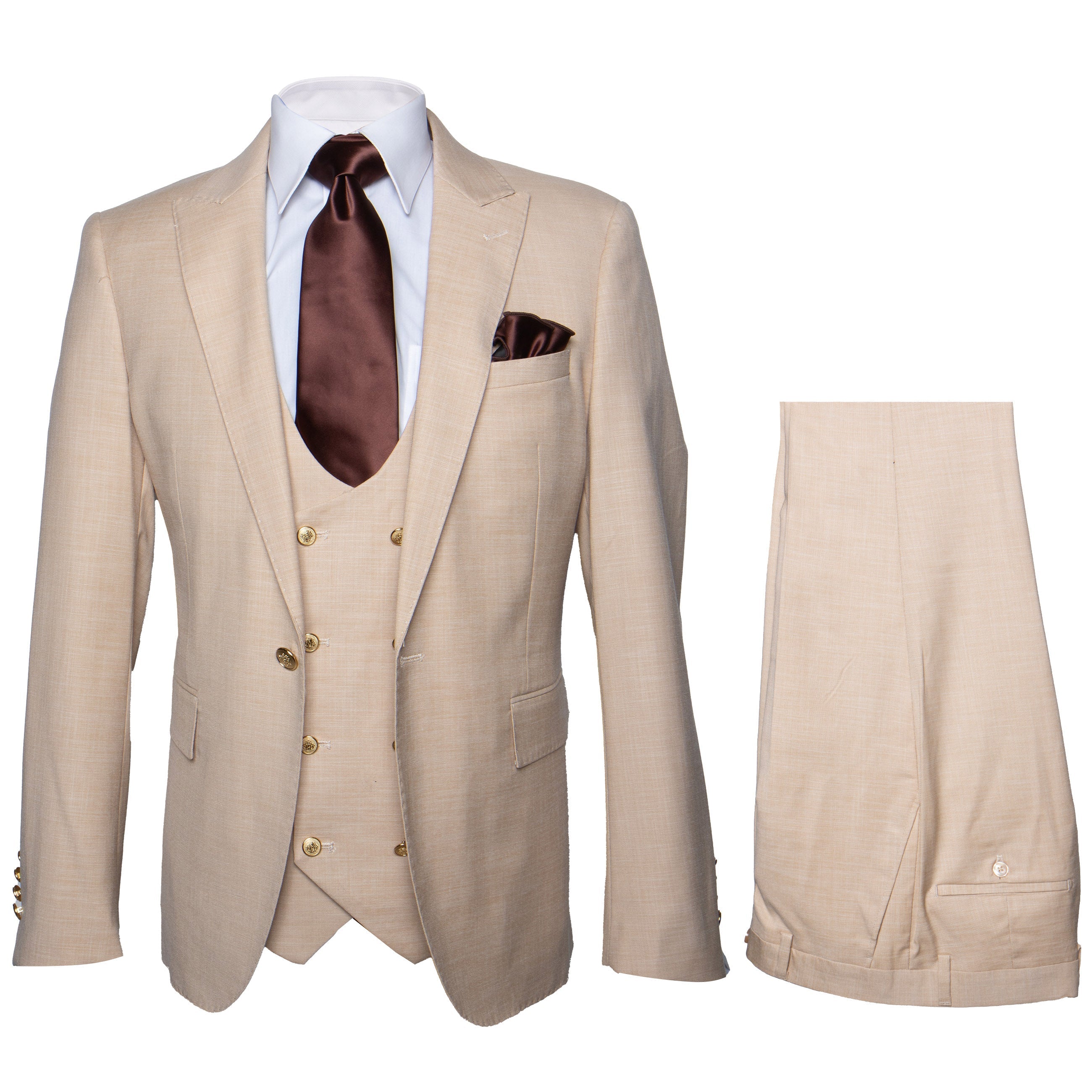 Rossi Man Max RM1391 – Slim Fit 3-Piece Men’s Suit in Solid Beige - 34R