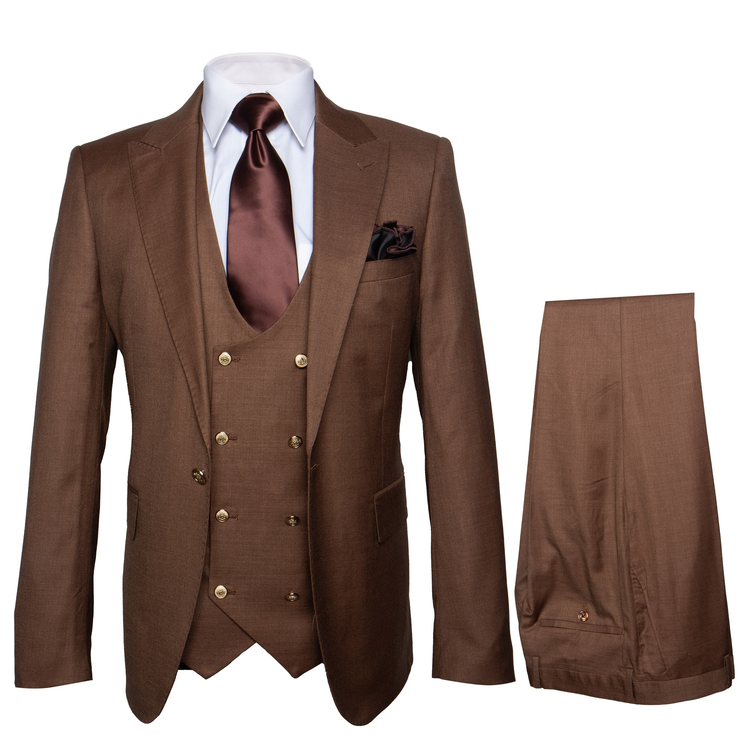 Rossi Man Max RM1392 – Slim Fit 3-Piece Men’s Suit in Solid Brown - 34R