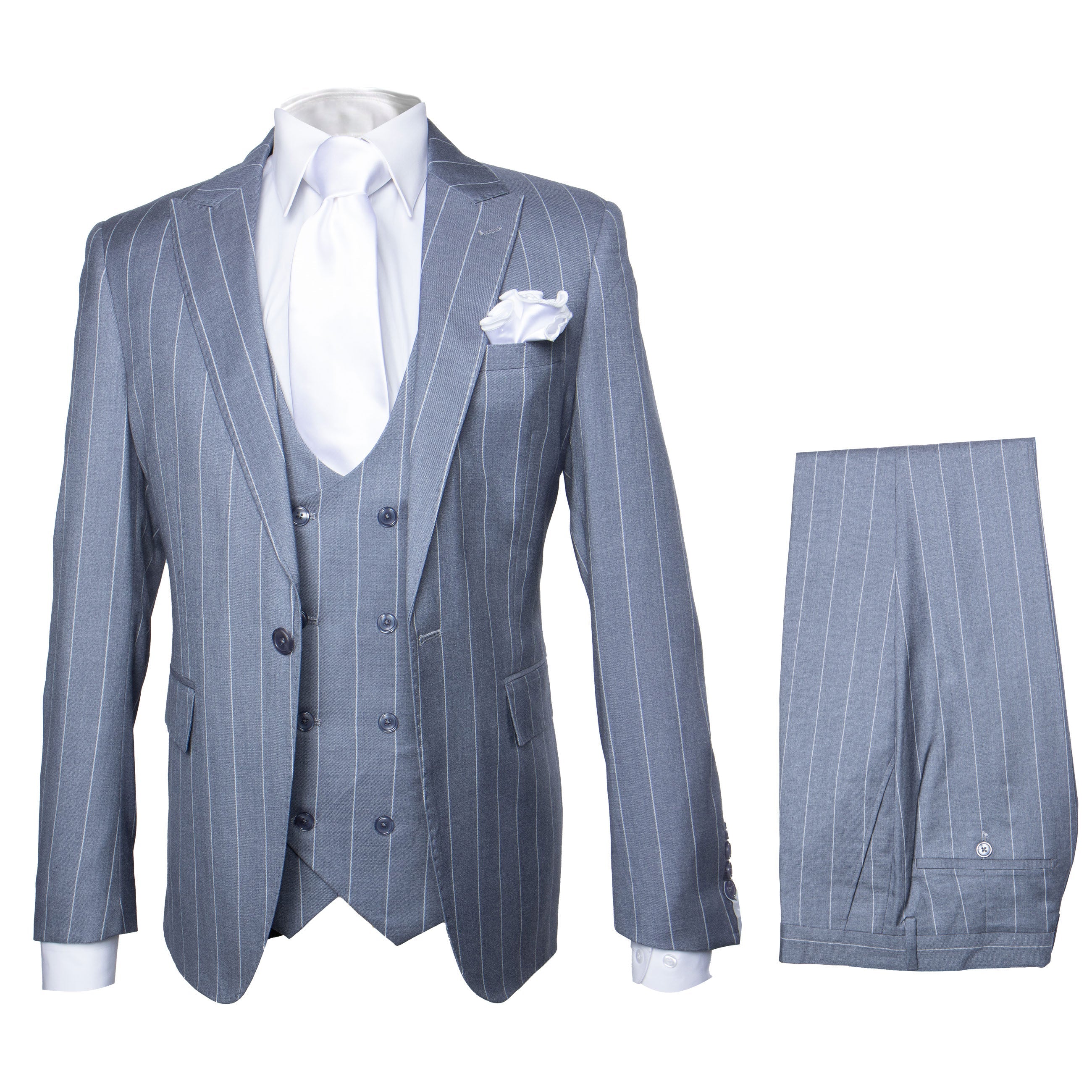 Rossi Man MAX RM1726 Slim Fit 3-Piece Suit – Elegant Grey Pinstripe Formal Suit for Men - 34R