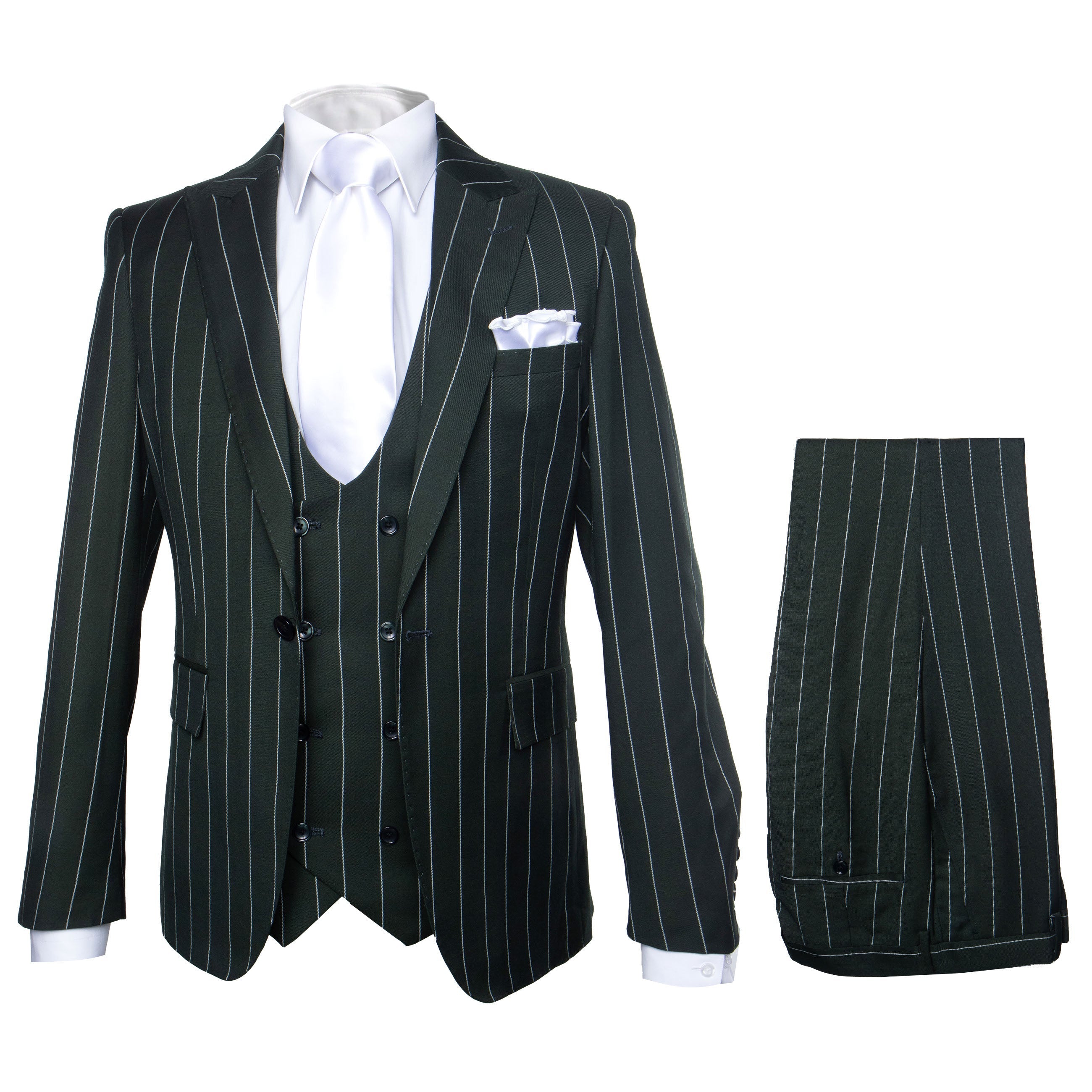 Rossi Man MAX RM1727 Slim Fit 3-Piece Suit – Stylish Tailored Green Pinstripe Suit for Men - 34R