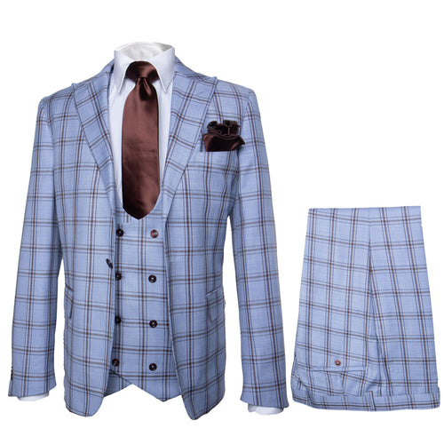 Rossi Man MAX RM1822 Slim Fit 3-Piece Suit Γ’β¬β Premium Light Blue & Brown Plaid Formal Suit for Men