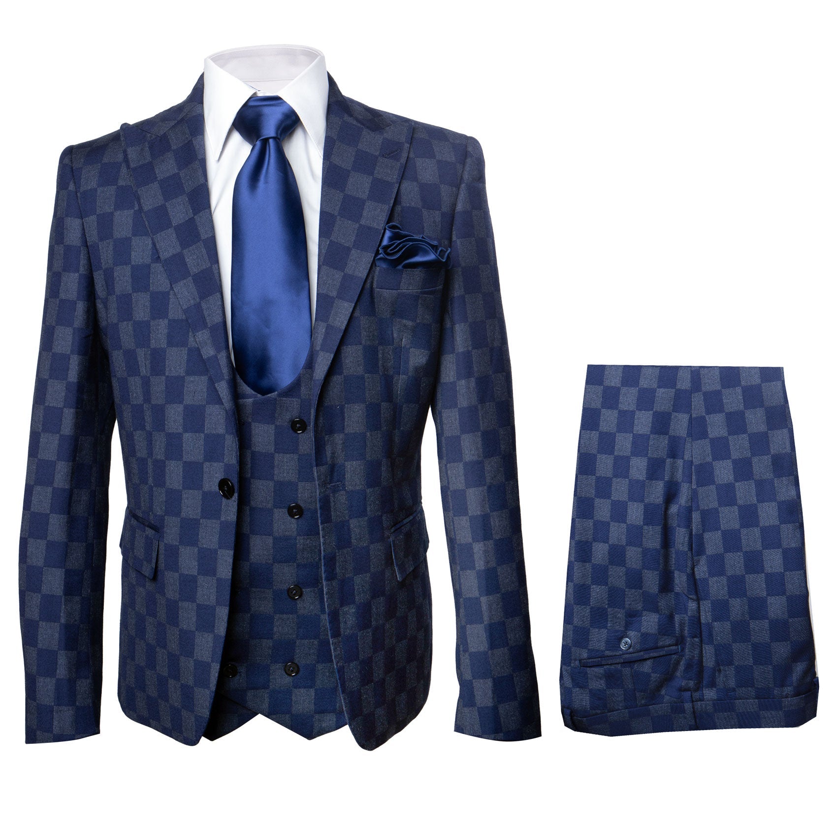 Rossi Man MAX Collection RM1838 – Modern Slim Fit 3-Piece Navy Check Suit for Men - 34R