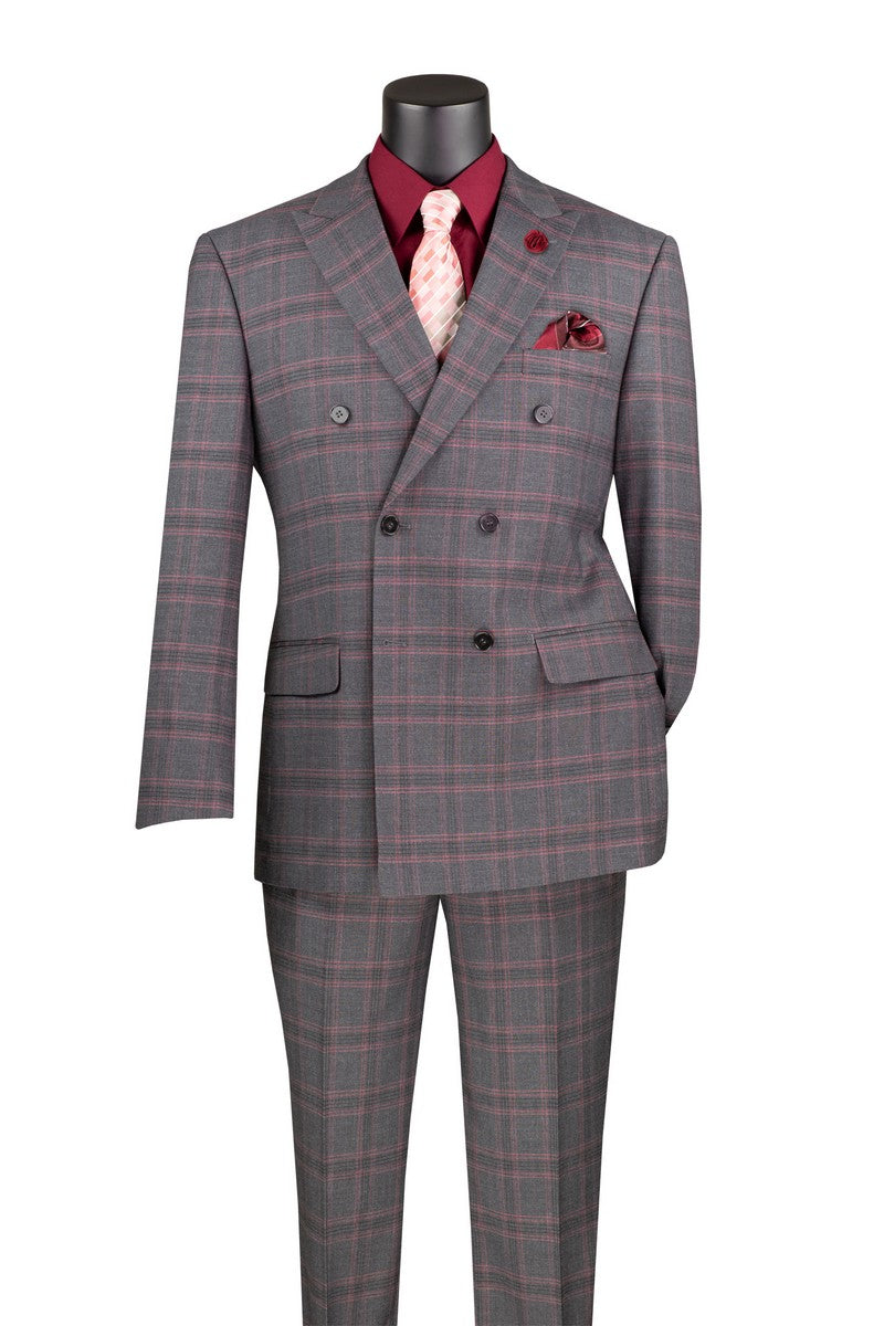 Charcoal Modern Fit Double Breasted Glen Plaid Peak Lapel 2 Piece Suit - Charcoal
