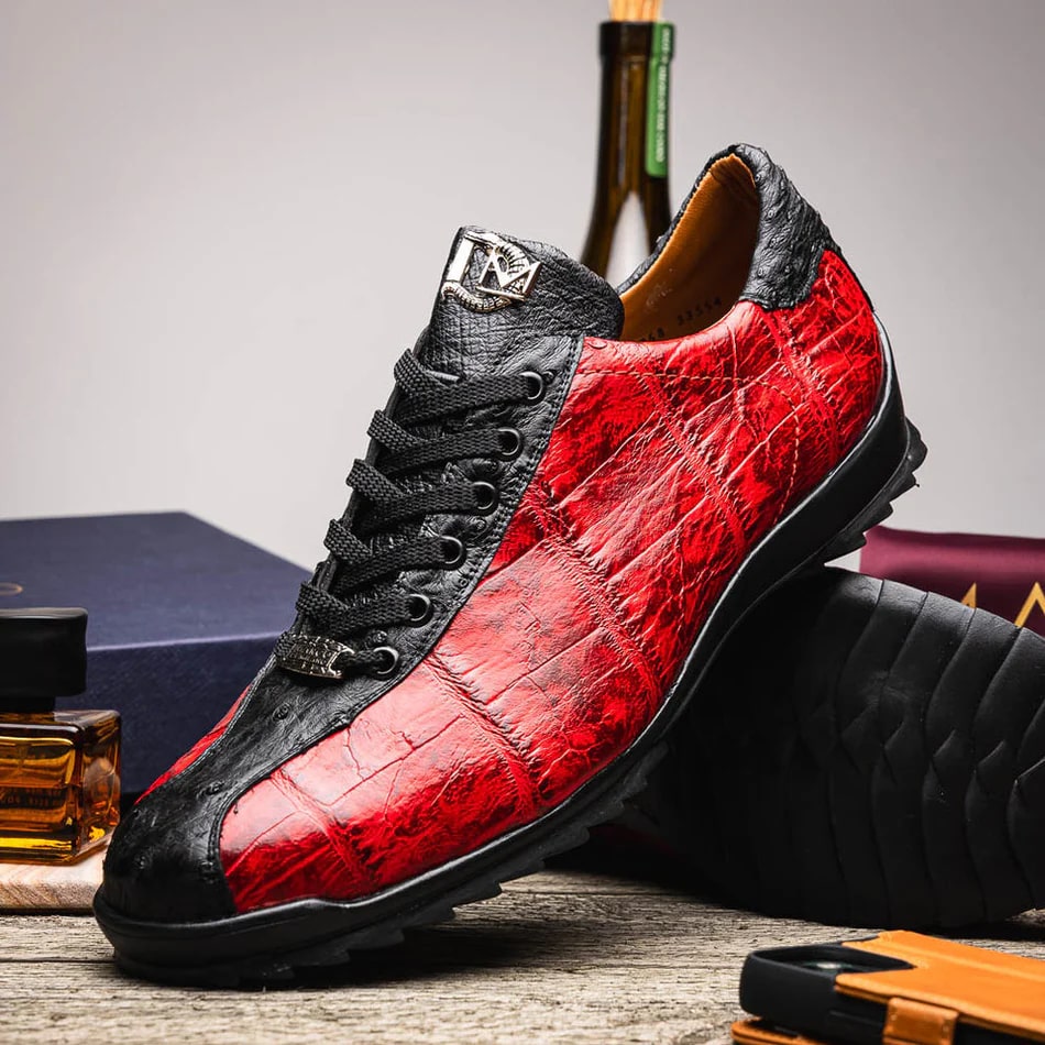 Marco Di Milano Saulo Men's Shoes Black & Red Exotic Ostich / Alligator Casual Sneakers - 6