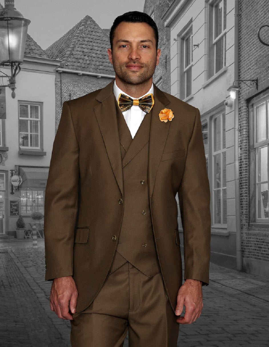 Mens 2 Button Classic Fit Pleated Pant Suit with Double Breasted Vest in Bronze - 52 Long