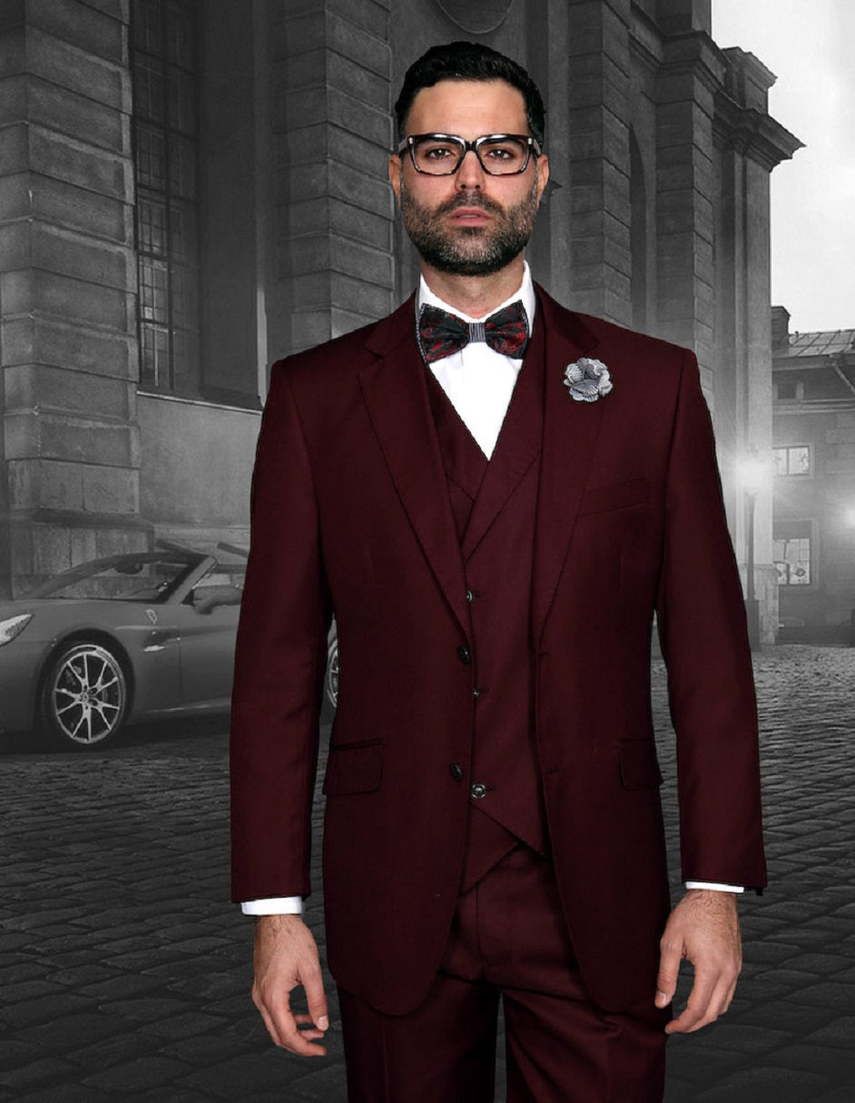 Mens 2 Button Classic Fit Pleated Pant Suit with Double Breasted Vest in Burgundy - 34 Regular