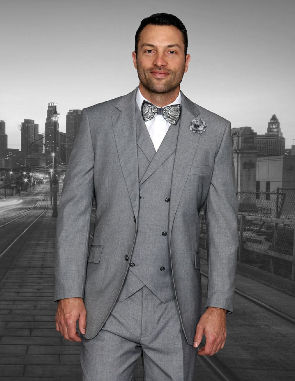Mens 2 Button Classic Fit Pleated Pant Suit with Double Breasted Vest in Grey - 44 Regular