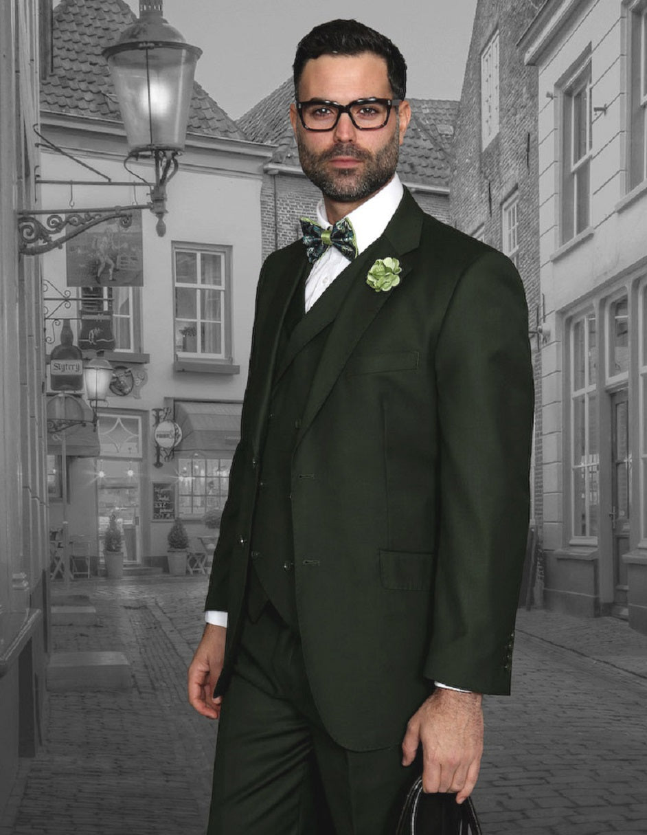 Mens 2 Button Classic Fit Pleated Pant Suit with Double Breasted Vest in Olive Green - 40 Regular