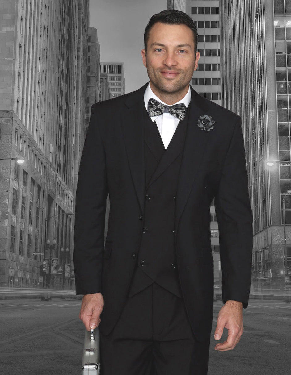 Mens 2 Button Classic Fit Pleated Pant Suit with Double Breasted Vest in Black - 44 Regular