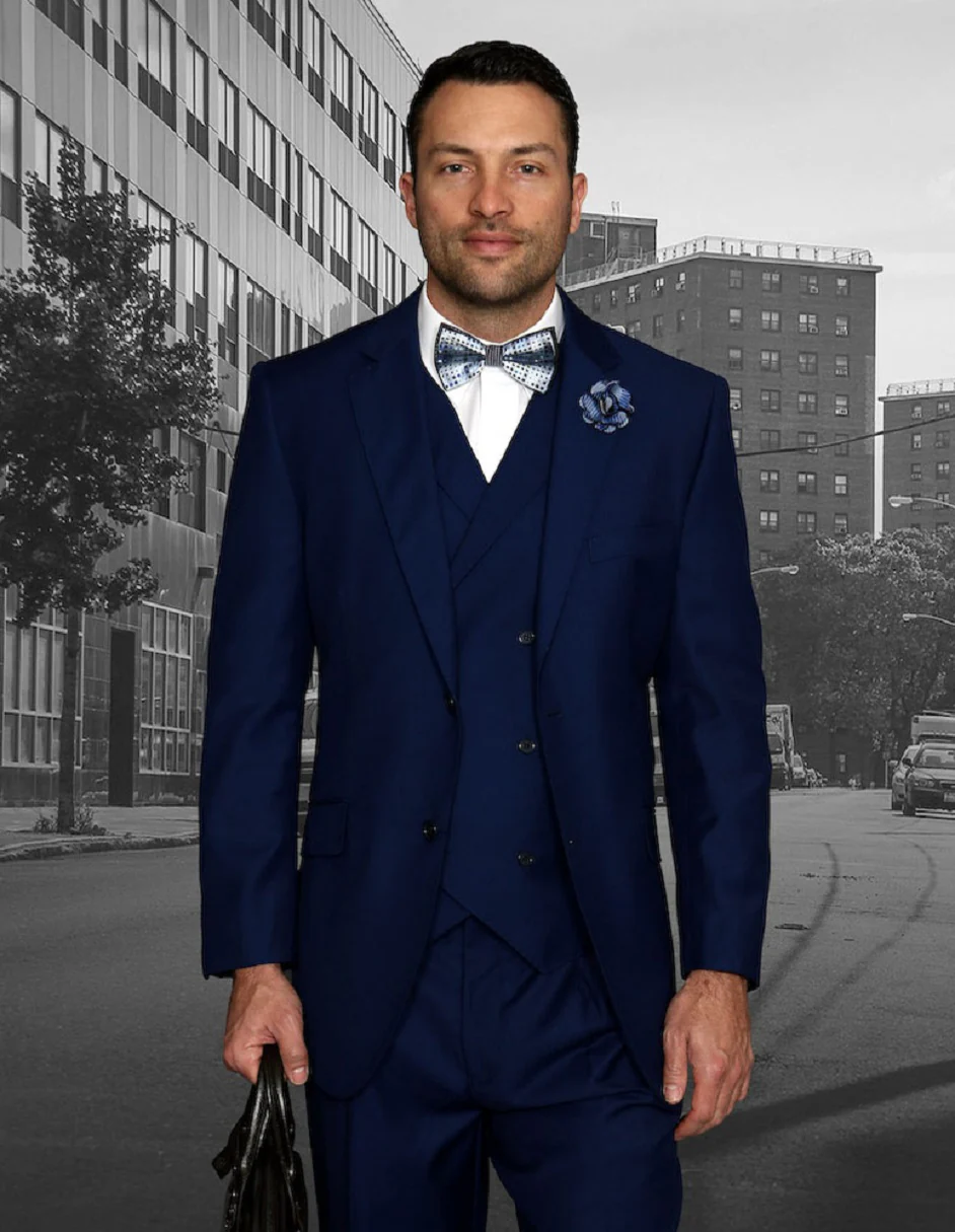 100 Percent Wool Suit - Mens Double Breasted Sapphire  Blue Suits