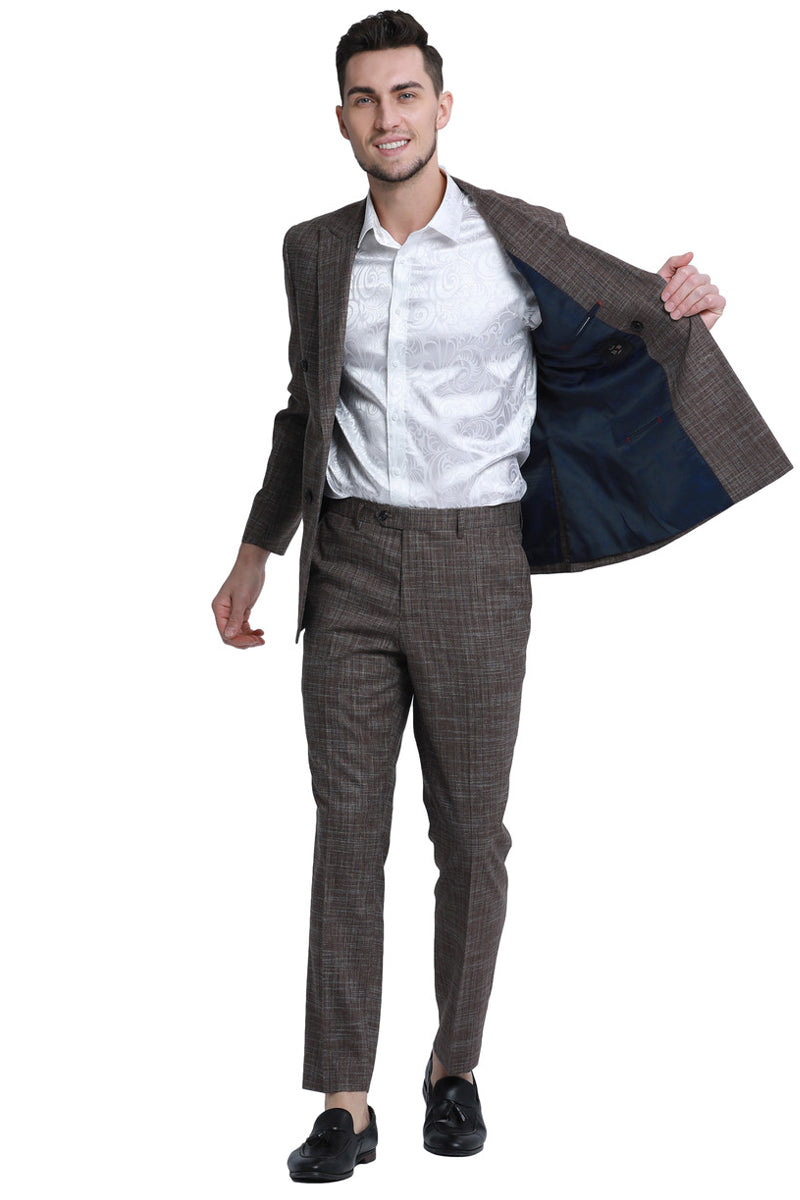 "Sharkskin Slim Fit Men's Suit - Double Breasted Summer Brown" - 34 Short