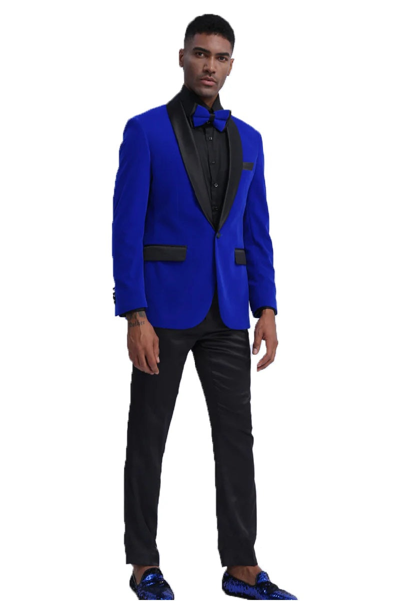 Mens Royal Blue Prom 2026 Tuxedo - Mens Velvet Shawl Tuxedo Dinner Jacket in Royal Blue
