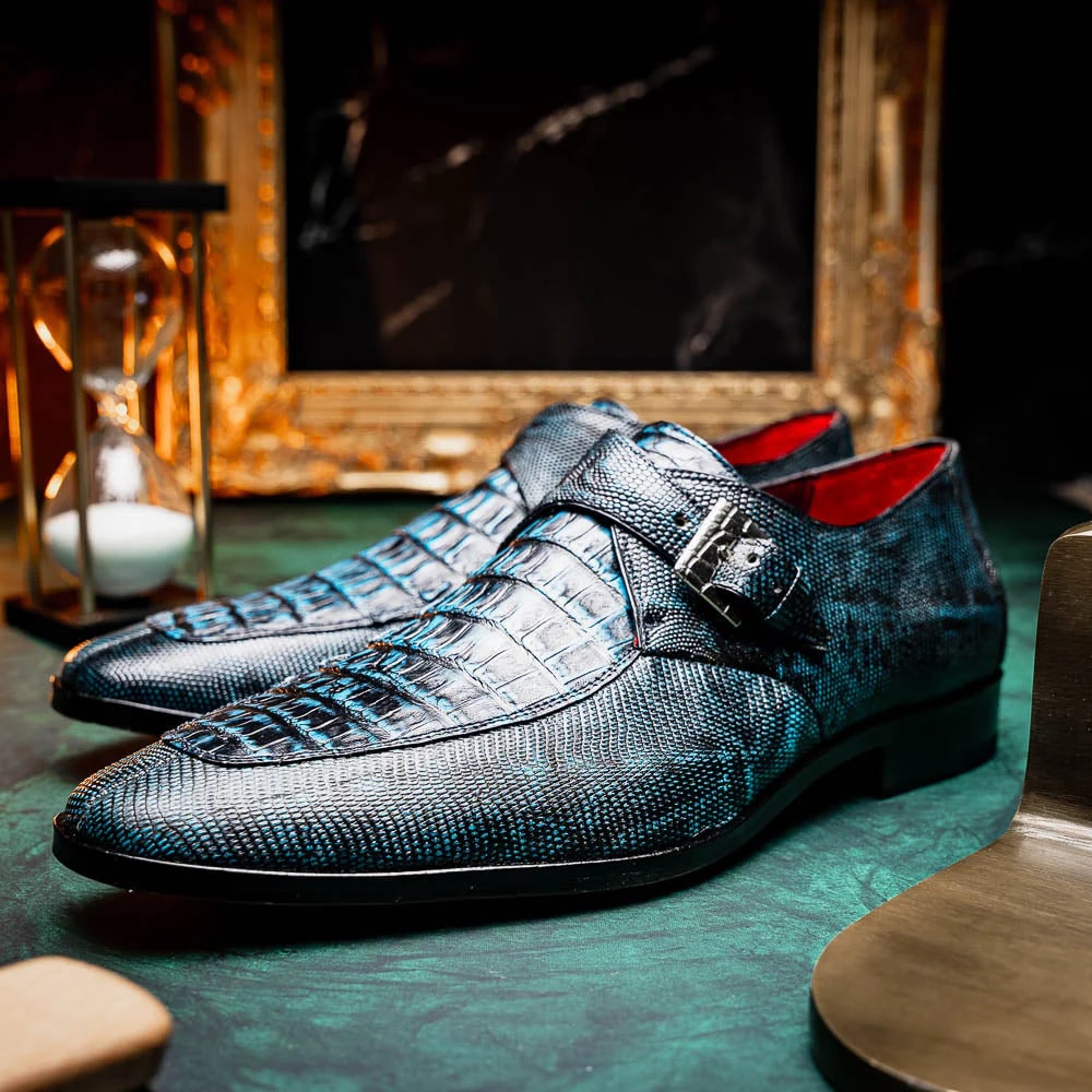 Marco Di Milano Toluca Blue / Black Jean Monk Strap Lizard & Crocodile Shoes - 8